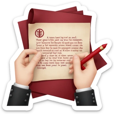 Minimalist emoji-style sticker of a pale hand signing a parchment contract titled “YOUR SOUL” in gothic font, muted red ink, grayscale background sticker
