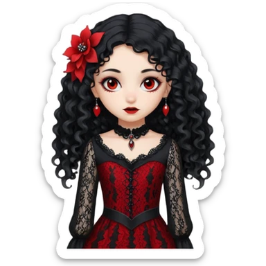 A girl with a red goth vampire look in a black and red goth lace dress with long sleeves and long black curly hair Fox eyes sticker