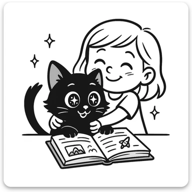 A kitten sitting at a table holding a book with stars in its eyes, and a girl hugging him from behind, doodle style. sticker