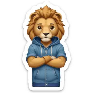determined anthropomorphised lion in a hoodie and jeans with arms folded, energetic pose sticker