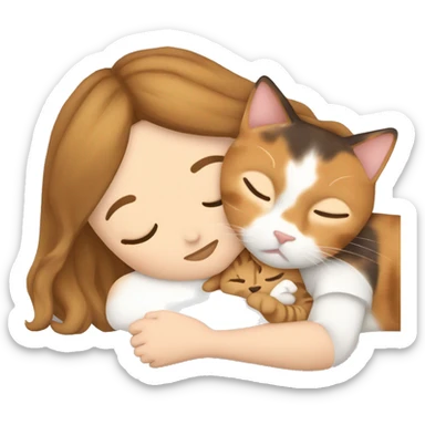Calico cat sleeping with a girl who la white and has light brown hair  sticker