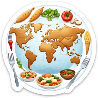 Icon for Culinary Tourism: a world map with food elements like a fork, knife and dish, surrounded by iconic dishes from various countries. The icon should represent the exploration of global cuisines and travel experiences. Transparent background. sticker