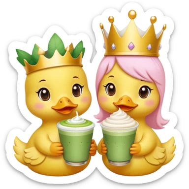 two girl yellow ducks that are besties, one wearing a light pink bow on its head and one wearing a crown while holding a matcha latte sticker