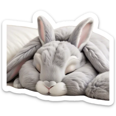 Meme-Worthy Cute Sleeping Grey Rabbit Portrait Emoji, Head resting peacefully with a contented smile, showcasing a delightfully compact build and a luxuriously soft grey fur, eyes shut in a serene nap, Simplified yet hilariously adorable features, highly detailed, glowing with a soft, drowsy light, high shine, relaxed and utterly lovable, stylized with an air of playful laziness, bright and heartwarming, soft glowing outline, capturing the essence of a comically sleepy bunny, so meme-worthy it feels like it could instantly become the next viral sensation of adorable slumber! sticker