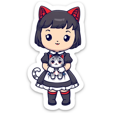 girl wearing black Lolita style dress, with medium-length black hair with red tips, and a gray American Shorthair tabby cat sticker
