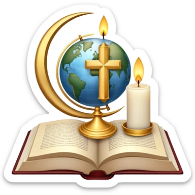 An icon featuring a holy book, a candle, and a cross, symbolizing religious studies. The design includes a globe with various religious symbols: a crescent moon and star (Islam), a lotus flower (Buddhism), representing global belief systems. Transparent background. sticker