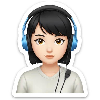 Con gái, đeo tai nghe, tóc đen, để mái chéo sticker