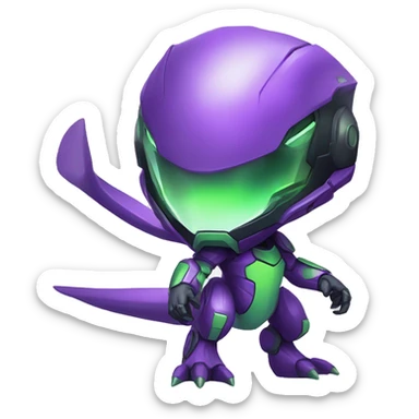 a chibi-style purple-green Genesect-Raptor-Fakémon—hybrid with a futuristic visor-helmet full body sticker