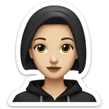 White girl lightly tanned with short haircut black eyes and black hair wearing black messa hoodie like alyx Vance  sticker