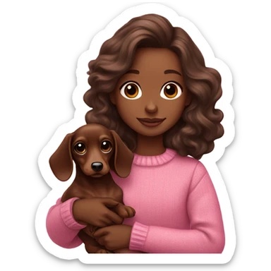 white girl with dark brown wavy hair in a pink sweater holds a dachshund chocolate and cream long haired puppy in her arms sticker