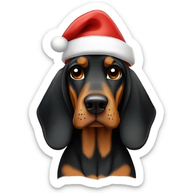 black and tan coonhound with a Santa hat sticker