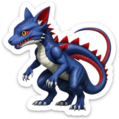 midnight blue-gray-black, with red markings, white belly, scaley scaly half-reptilian Bastet-Noibat-Gatomon-Garchomp-Digimon-Fakémon-Pokémon-feline-hybrid-creature (full body) sticker