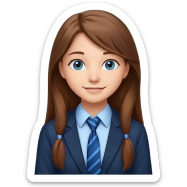 high school class room with a pretty female high school student with long brown hair, blue eyes, wearing a tie, sitting in front of the blackboard sticker