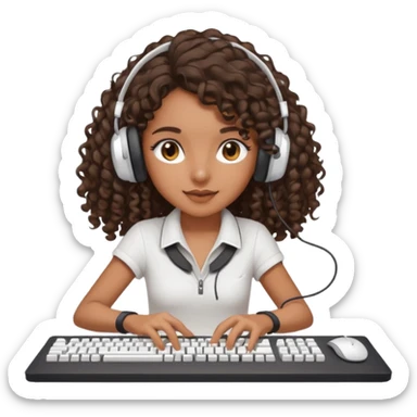 Brown skin Spanish girl with long dark curly hair, wearing a white gaming headset and playing on keyboard with a gaming mouse i sticker
