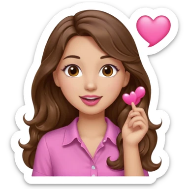 girl with long wavy brown hair, brown eyes, light to medium complexion, in a pink shirt, pink lips, long lashes, blowing a kiss sticker