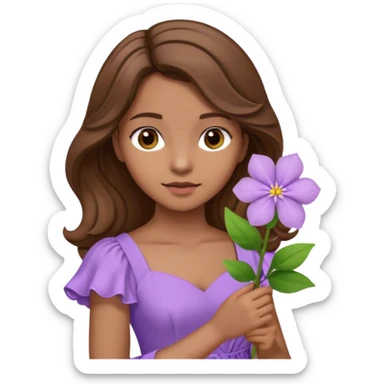 Menina parda/branca de cabelo ondulado castanho partido de lado com uma flor lilás e vestido lilás sticker