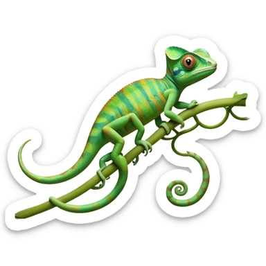 cinematic-chameleon-realistic-full-body-climbing-emoji,-slender-body-gripping-a-twisting-vine-with-prehensile-feet,-scaly-green-skin-shifting-shades-with-its-environment,-large-bulging-eyes-rotating-independently,-delicate-coiled-tail-curling-behind,-long-tongue-slightly-protruding-as-if-ready-to-strike,-simplified-yet-realistic-focused-features,-highly-detailed,-glowing-with-an-ethereal-forest-light sticker