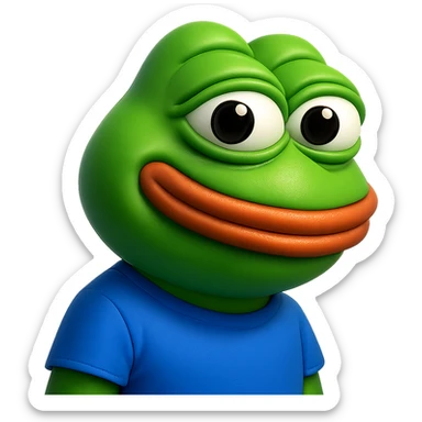 pepe in
- 3d style
- bright green
- blue shirt
- smiling
- looking straight at the camera
- good highlights and shadows
- 30deg angled towards the right sticker