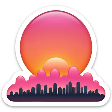 “Simple sunset emoji 🌇 in clean 3D style, smooth rounded shapes, warm orange-pink sky, glossy shiny surface, soft studio lighting, cute emoji look, minimal city silhouette, no text, no shadow, no background (transparent), high-quality 3D render.” sticker