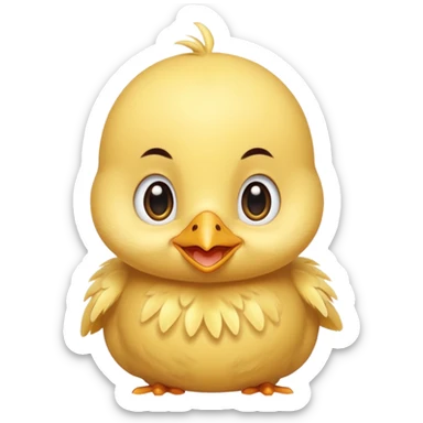 Cute baby chick named Lex, smiling with big shiny eyes, soft yellow feathers, round head, very adorable emoji style sticker