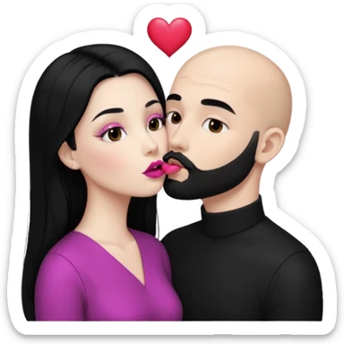 👩🏻‍❤️‍💋‍👨🏻 this one but the man should be bald. white woman with long black hair and white bald young man whoitiut hair and a heart between their heads. she has pink lips and both have brown eyes. he has e full beard but short. both wear black  sticker