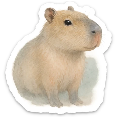 realistic photo of a cute capybara looking to the side, soft-edged, light watercolor effect sticker