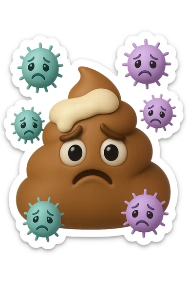 emoji stile iphone 3d di una cacca con muco bianco sopra, dietro cui fluttuano batteri intestinali tristi, iperrealistiche 4k sticker