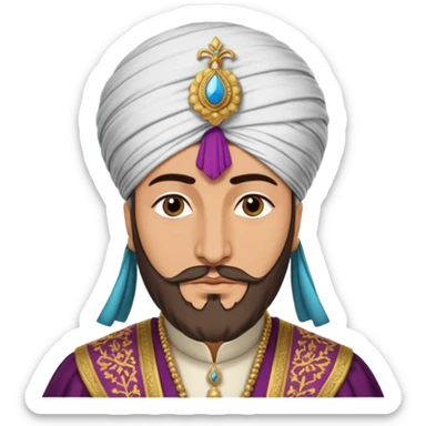 Seljuk Turkish emperor, historical costume, grand turban, luxurious fabrics, imperial presence, rich colors sticker