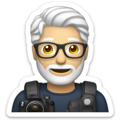 man with white hair holding a camera sticker