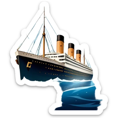 Icon for Titanic Movie: A vintage movie poster-style design featuring a dramatic scene of the ship, the iceberg, and a romantic silhouette of the main couple. Include elements like the ship’s bow, water splashes, and a starry sky in the background. Retro cinematic feel. Transparent background. sticker