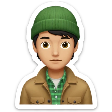 young man with longish black Beatle haircut, tan complexion, green beenie hat, tan jacket, checked shirt , pork chop sideburns sticker
