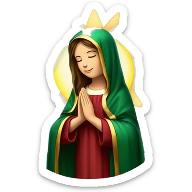 Virgin Mary: kind face looking down at the left, long brown hair, Wearing an emerald green  robe with gold stars and a burgundy red dress,  Hands in prayer or blessing. Halo around her head. standing in front of a big sun. colorful roses on the sides  sticker