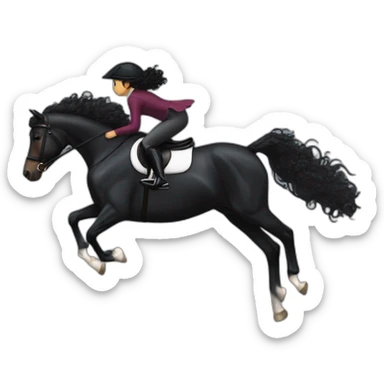 a  JET BLACK HORSE JUMPING AN OBTACLE, tHE HORSES RIDER IS A YOUNG FEMALE WITH LONG CURLY BRUNNET HAIR sticker