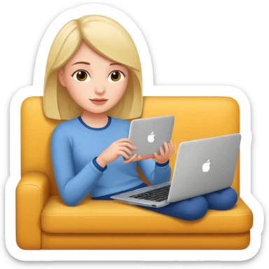 A girl is working with a laptop while lying on the sofa sticker
