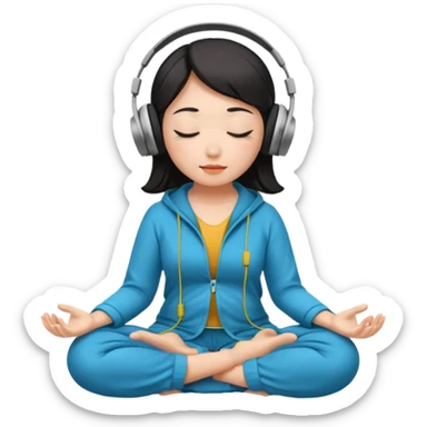 An East Asian woman🧘🏻‍♀️ is sitting cross-legged in a meditation pose, wearing Apple headphones🎧 and listening to music. The song is so beautiful that she has her eyes closed and tears streaming down her face. sticker