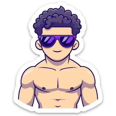 shirtless male athlete with white skin and moderately curly black hair on top with shaved sides, wearing purple sunglasses with black tinted lenses sticker