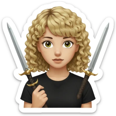 young woman wearing a black t shirt with curly dirty blonde hair, straight bangs, and hazel green & brown eyes. She is holding two black daggers sticker