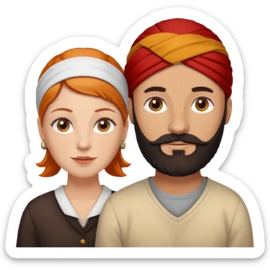 Couple. Bald man with dark brown-black beard. White woman with many small, faded freckles, she has white skin and she has auburn-yellow-brown-cinnamon, dark hair. She has light orange-brown eyes. The man have hazel eyes. Retro style. sticker