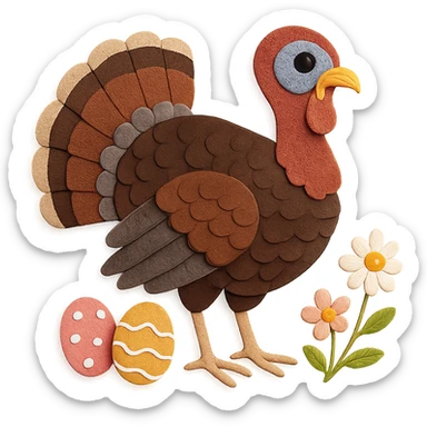 close-up of a wild turkey in paper craft style, fine paper edges, realistic feather patterns, Easter eggs at its feet, spring flowers sticker