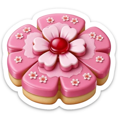Realistic shortbread cookie in the shape of a cherry blossom with pale pink color jelly middle filling and sprinkled powder sugar on top.emoji sticker