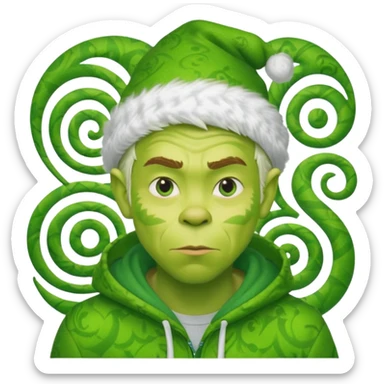 Create an avatar of white European male in hoodie with ``BST`` letters on it. Make background to look like from movie Grinch sticker