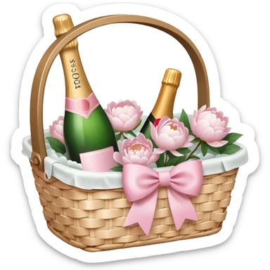 White Picnic basket with light pink bow and white peonies and one pink champage bottle inside sticker