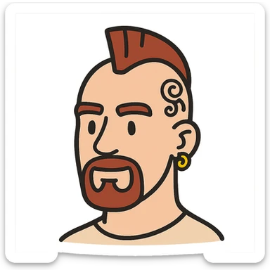 flat toon style head of a white man with a goatee, mohawk, earring, and head tattoo sticker
