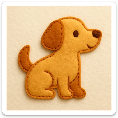 Minimal felt appliqué icon of a dog with soft, handcrafted felt look, lightly padded forms, simple shapes, clean outlines, medium-thickness orange or brown stitched edge, soft matte felt texture, warm yellows, oranges, and browns, small round eyes, simple nose, minimal mouth, subtle shadows, soft lighting, front or side profile, neutral off-white background sticker