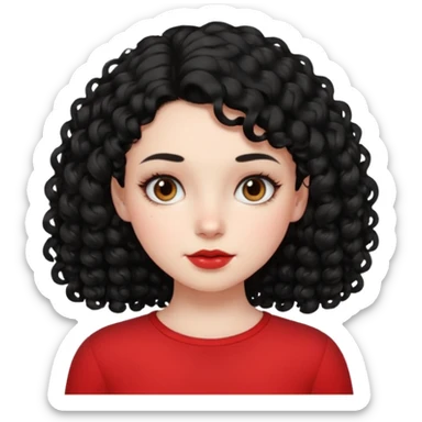 Side part black curly hair girl with mole above left side of lip pale skin red top sticker