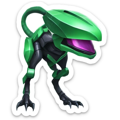 a shiny black-green Genesect-Raptor-Fakémon—hybrid with a futuristic visor-helmet full body sticker