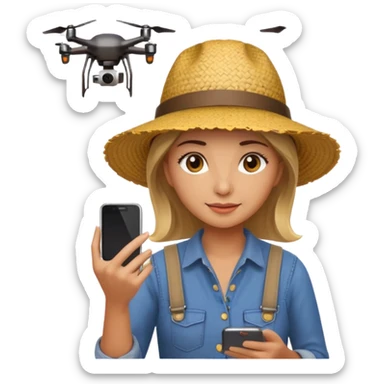female farmer with a hat looking at smartphone with a drone in background, emoji style sticker