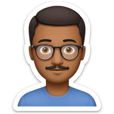 A friendly person with medium-brown skin, large warm brown eyes, thin rectangular glasses, a short mustache and small goatee, black short hair. Rounded face, calm slight smile. Head-and-shoulders emoji style, bold outlines, simple shapes, bright colors, transparent background. sticker