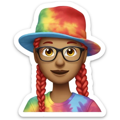 gardening hat lady with two red and blonde braids and tie-dye t-shirt and glasses sticker