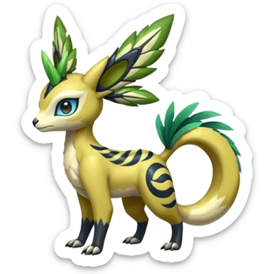  Exotic Tropical Feathery Leathery Scaly Planty Meloetta-Zygarde-Zeraora-Renamon-Protogen-Palkia-hybrid-fusion-Fakémon-creature, full body sticker
